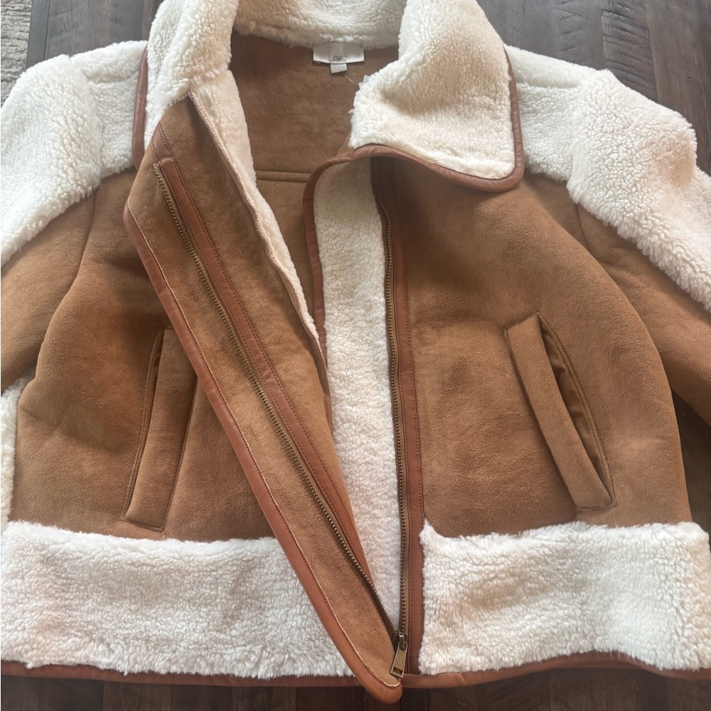 LOFT Cream and Brown Faux Shearling Moto Jacket NWT - Picture 7 of 8